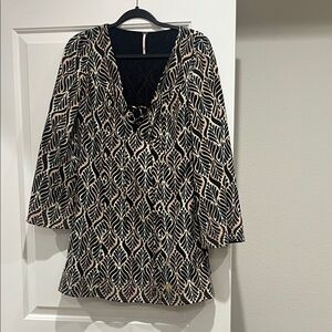 XS Free People Black and Cream Leaf Print Dress with Bell Sleeves